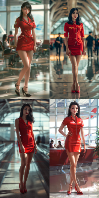 空姐，黑发美女，身材完美，长相清秀，红色制服，短裙，高跟鞋，机场背景，中心构图，高分辨率，机场大厅，长焦镜头，柔和光线，优雅站立，自信微笑，红色与银色对比，专业感。