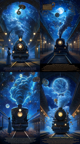 "a derelict biomechanical station engulfed in shattered hourglass sand, clock-hand vines piercing through ceiling arches, the star-sand train now overgrown with luminescent coral-like gears. a veiled medic in plague doctor mask injects mercury into collapsing passenger whose skin reveals layered timelines, refracted through fractured station glass into multiple eras. bronze key from first scene floats mid-air splitting into 3 fractal versions, each projection showing: (1) rusted future metropolis (2) tang dynasty pavilion engulfed in nebula (3) static void. background features collapsing gear-moon dripping sandstorm particles, color scheme: patina cyan × decaying gold × virus-lime glitch, by jun gao + guweiz, ink wash textures bleeding into cgi rendering"