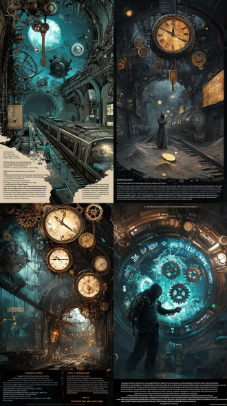 "a derelict biomechanical station engulfed in shattered hourglass sand, clock-hand vines piercing through ceiling arches, the star-sand train now overgrown with luminescent coral-like gears. a veiled medic in plague doctor mask injects mercury into collapsing passenger whose skin reveals layered timelines, refracted through fractured station glass into multiple eras. bronze key from first scene floats mid-air splitting into 3 fractal versions, each projection showing: (1) rusted future metropolis (2) tang dynasty pavilion engulfed in nebula (3) static void. background features collapsing gear-moon dripping sandstorm particles, color scheme: patina cyan × decaying gold × virus-lime glitch, by jun gao + guweiz, ink wash textures bleeding into cgi rendering"