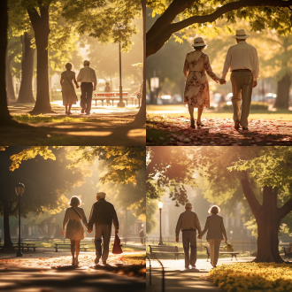 老年夫妻公园携手漫步，三分法构图，夏天明媚阳光，暖色调，长焦镜头，侧光，慢快门，从容温馨，爱与陪伴。