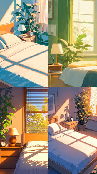 一个卧室，有一张双人床和床头柜，床头柜上放着一盏台灯，旁边还有一个闹钟，窗边有一盆绿植