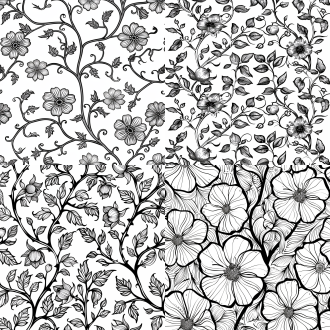 平面白描番茄纹样，四种以上花叶藤蔓扩散，上密下疏，小而精致，线描风格，黑白对比，曲线生长，大小疏密对比，不规则循环