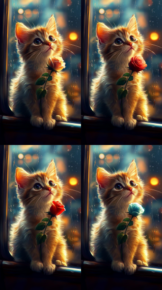 猫呆萌，面向观众，手捧红色玫瑰花，坐在车上，特写，近镜头，明亮光线，车内环境，暖色调，柔和表情，细节清晰，温馨氛围，喜悦情感。