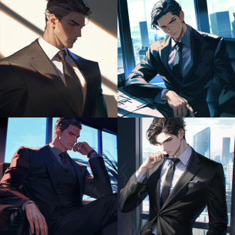 帅气霸总，黑色西装，冷峻面容，深邃眼神，办公室背景，极简风格，高分辨率，自然光，定焦镜头，沉稳姿态，权威感，冷色调，自信。