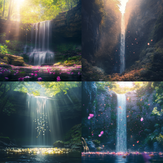 原始大森林悬崖瀑布，三分法构图，全景镜头，冷色调，逆光，慢快门，飞流浪花，磅礴壮观。