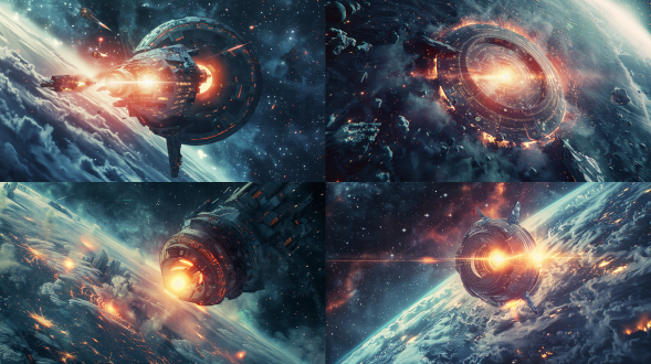 奇异光芒击中城市，俯视角度，科幻风格，夜空，冷暖色调对比，长焦镜头，逆光，光晕效果，震撼，神秘。