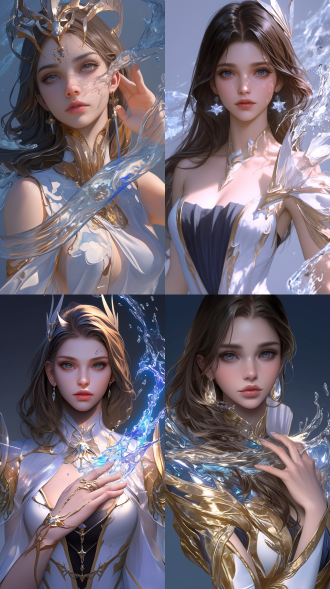 女法师，水流环绕身体，身材火辣，超写实，全身，细节丰富，专职表情，柔和光线，神秘感，对角线构图，广角镜头，冷色调，侧光，慢快门，动态模糊，神秘，专注。 全身角色 角色设计