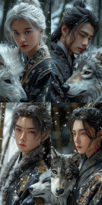 **bjd doll portrait** of a handsome chinese male character, ethereal porcelain skin, delicate glass eyes with starry reflections, intricate black silk hanfu embroidered with golden phoenix patterns, flowing silver hair adorned with jade hairpin, lying gracefully beside a majestic **ice direwolf** with frost-covered fur glowing under moonlight, dramatic chiaroscuro lighting reminiscent of rembrandt's baroque portraiture, soft sfumato transitions on the skin tones inspired by da vinci's renaissance mastery, background of mystical snow-covered bamboo forest with floating ink-wash clouds, ultra-detailed 32k resolution rendering, cinematic composition with dynamic dutch angle, color palette merging ming dynasty mineral pigments (vermilion, azurite, malachite) with old master oil painting tones, hyperrealistic textile textures and fur details