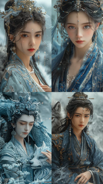**bjd illustration masterpiece** of a celestial chinese prince, porcelain-like matte skin with renaissance sfumato blending, obsidian eyes containing swirling galaxies, traditional fenghuang crown with dangling pearl strings, layered song dynasty robes in gradient indigo silk with secret dragon lining, reclining against a spectral ice wolf emitting crystalline aura, baroque diagonal composition with rembrandt's tenebrism creating metallic light beams, da vinci's anatomical precision in hand posing, traditional chinese xieyi brushstrokes in snowy pines background, muted ink-wash mountains fading into oil paint impasto clouds, digital painting with gouache texture + oil canvas grain, trending on artstation