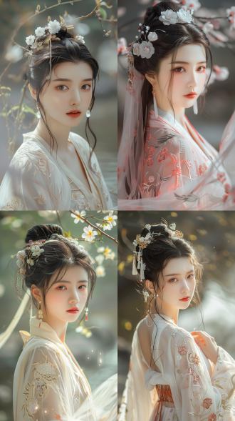 唐代美女，国风，樱草色印花纹薄纱古香缎，绝世容颜，白色长发，发簪，盘发，柳眉，凤眼，桃花唇，清冷气质，肤质细膩，超清五官，自然光，脸上打光，3d，柔焦效果，对称构图，细膩纹理，32k高清壁纸，超高清画质，绝美容颜，全身照，柔光，仙侠风格，正脸镜头，站在溪流边，衣服质感，层次感古装，苏绣刺绣，身材火辣，动漫增强，温婉。