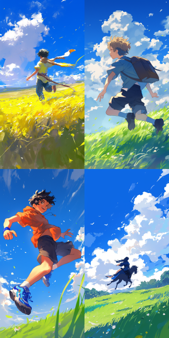 骑马少年，大草原，广阔视野，动态捕捉，自然光，长焦镜头，奔跑，自由，青春，活力，蓝天，绿草，风，速度。