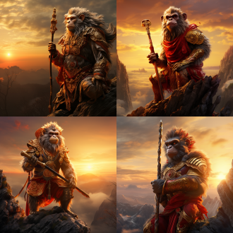 齐天大圣站悬崖凝视远方手握金箍棒，三分构图，真实质感，晚霞背景，长焦镜头，逆光，静态，丰富细节，橙红主色，坚毅。