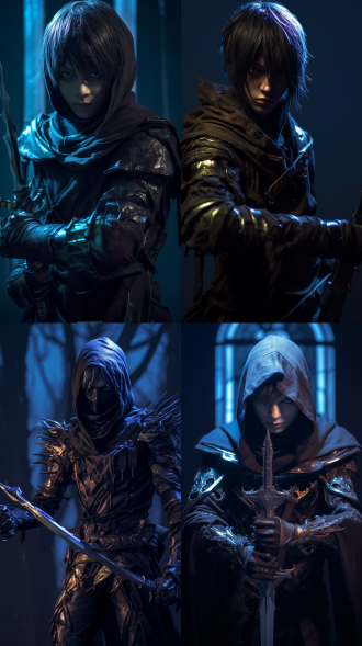 轻甲刺客，双手反握匕首交叉身前，半透明分身，动态捕捉，暗色调，阴影强化，室内环境，长焦镜头，前侧光，高速快门，紧张氛围，冷暖对比。 鬼屋森林 死亡笔记