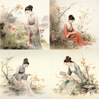 黛玉葬花，中国画风格，线条勾勒，娟本淡彩，高画质，优雅姿态，柔和表情，背景留白，细节丰富，静谧氛围，传统服饰，细致描绘，古典美。 国画
