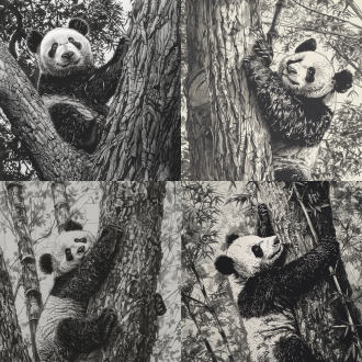 大熊猫攀爬大树，线条艺术，高品质，超级细节，树干纹理清晰，熊猫毛发细腻，仰视角度，自然光，长焦镜头，动态模糊，森林背景，柔和色调，专注表情。 梦境 极限特写 亮黑 米开朗基罗 解剖图绘制 竹子 素描