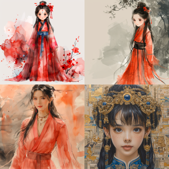 一幅工笔画，描绘了一个5岁的黑色长发中国清朝女孩穿着粉红色的汉服，纠结的珠宝，圆脸，极简主义的肖像，风格清新的新波普插图，卡通人物 中国水墨 丝绸 中式服装 工笔画 全身角色 孤立构图