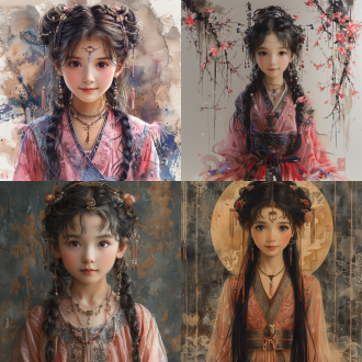 一幅工笔画，描绘了一个5岁的黑色长发中国清朝女孩穿着粉红色的汉服，纠结的珠宝，圆脸，极简主义的肖像，卡通人物 中国水墨 中式服装 工笔画 全身角色 孤立构图