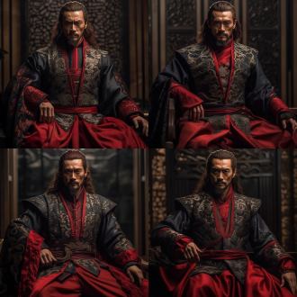 36岁男，有着高高的鼻梁，宽厚的额头，浓郁粗犷的胡须垂至胸口，坐在那里，恰似凶猛的鹰隼一样立于万仞之上，傲视万物，气势非凡！ 中国水墨 幻想 半身 红黑 电影灯光 中式服装 刺绣
