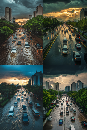 视线远眺桥上车流，近处内涝水深，道路两侧绿树，色彩鲜明，城市街头，广角镜头，线条流畅，高饱和度，天空乌云密布，阴天暴雨，水流湍急，车辆停滞，紧张氛围，自然与城市交融。