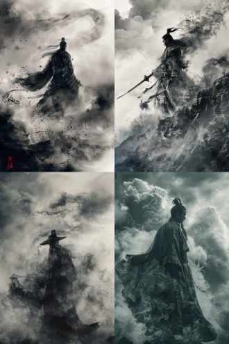 h entry screen, an ancient chinese immortal in costume, an epic fantasy scene with dark clouds in the sky and smoke effects, in the style of a chinese ink painting depicting the martial arts world with cloud mist effects, like movie footage