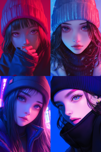 年轻女生，毛线帽，冬装，半身特写，黑棕色头发，赛博朋克风格，高对比度，冷色调，霓虹灯光，广角镜头，正面光，科技感，未来感，神秘感。