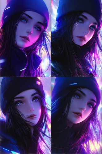 年轻女生，毛线帽，冬装，半身特写，黑棕色头发，赛博朋克风格，高对比度，冷色调，霓虹灯光，广角镜头，正面光，科技感，未来感，神秘感。