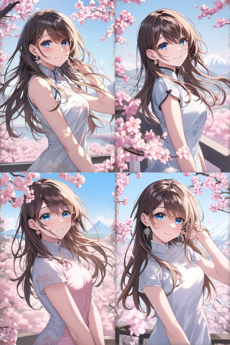 女生微笑，配戴耳环，身穿旗袍，富士山为背景，樱花树点缀，长发飘逸，日本动画片，柔和光线，广角镜头，自然环境，粉色樱花，温暖表情，清新色彩，宁静氛围。