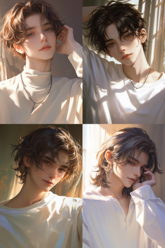 二次元风格男生，环境光与边缘光，oc渲染，细节完整，高光突出，温柔浪漫氛围，细腻质感，高清壁纸，柔和光线，自然色彩，半身像，微笑，长发，宽松衣服，室内场景，广角镜头，侧光，高分辨率，温暖色调，柔和表情。