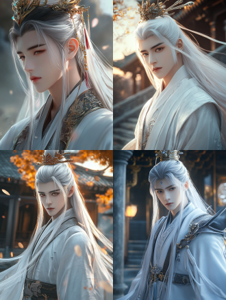 二次元风格，中国古代年轻男子，超级帅气，高级精致面容，细长眉毛，双眼皮，白长发，金色光芒眼睛，玉冠头饰，薄唇饱满，线条清晰，黑暗系，全身逼真照片，超清画质，8k，古建筑，cg，前视图，霸气！高光，玄幻宇宙，侧光，广角镜头，高对比度，冷色调，神秘氛围，动态捕捉。