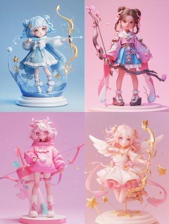 可爱女孩ip，泡泡玛特制作，手持弓箭，星座主题，射手座，3d模型，盲盒玩具，光泽细腻，干净背景，大瓶子，3d渲染，最佳质量，8k，服装细节，表情生动，色彩鲜艳，动作优雅。