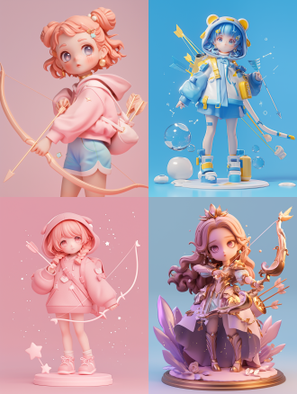 super cute girl ip made by pop mart, bow and arrow in hand, constellation theme, sagittarius, 3d models, blind box toys, fine gloss, clean background,a big bottle, 3d rendering, best quality, 8k,,,in clothes