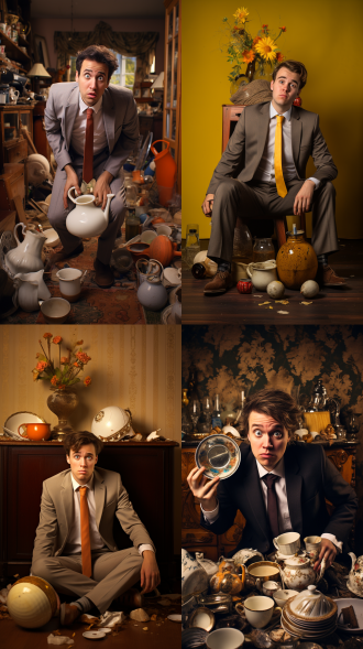 弄巧成拙，室内场景，幽默风格，年轻男子，尴尬表情，西装革履，手中拿着破碎的花瓶，背景杂乱，广角镜头，柔和光线，慢快门，滑稽，尴尬，暖色调。