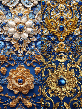 国朝粤绣工艺品文化墙，掐丝珐琅高清4k，对称构图，细腻纹理，室内展厅，自然光，微距镜头，细节丰富，金色与蓝色，庄重典雅。