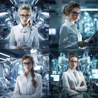 女博士科技感，未来实验室，银白色调，高清晰度，全景镜头，柔和顶光，专注表情，金属质感，智能眼镜，数据流，创新。