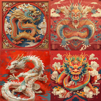 中国龙于红色背景下，宽广构图，传统元素装饰，爪子呈v型，眼神友善，明亮柔和光，细节多，喜庆色，欢乐氛围，广视角，高细节。