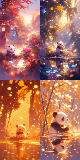 熊猫静坐水中，梦幻模糊插画，鲜花环绕，夏日阳光，twitch直播，gif动图，美学可爱风格，悠闲自在，柔和色调，极美照片，可爱气息，光合作用主题，ai生成，水中倒影，模糊背景，鲜花盛开，夏日炎阳，直播元素，动态效果，可爱风格，熊猫表情，柔和色彩，极美构图，充满活力。