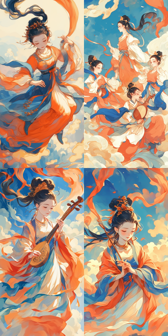 敦煌艺术插画风，飞天舞女，高盘发，短衣，足蹬软靴，双手弹琵琶，姿态飘逸，线条柔和，朱红靛蓝对比，祥云金箔背景，伦勃朗灯光，莫高窟，天蓝靛蓝紫罗兰白紫白金浅青浅蓝艳蓝，动画艺术。