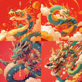 彩色卡通中国龙侧面飞舞，贺年海报，专业配色，春节喜庆，鲜艳色彩，高饱和度，宽幅镜头，动态姿势，欢乐氛围，卡通风格，侧面视角，喜庆表情，红色背景，金色装饰，动态模糊，欢乐情绪。