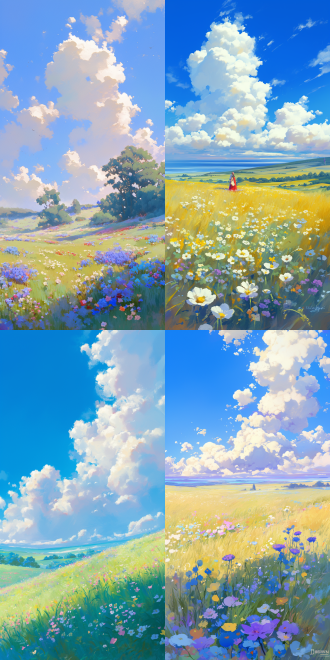 大片花海，远景，蓝天白云，alexander averin风格，广阔视野，自然光，柔和色彩，长焦镜头，宁静，田园风光，细腻笔触，和谐。