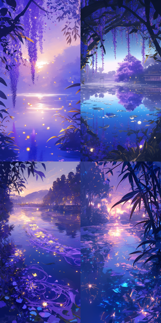 塞纳河夜景，湖面流萤，星空点点，花香树影，紫色主调，奇域风格，细腻笔触，柔和光线，梦幻氛围，宁静美感，手绘插画。对角线构图，紫色与蓝色调，奇幻风格，细腻笔触，柔和侧光，梦幻氛围，宁静美感，手绘质感。