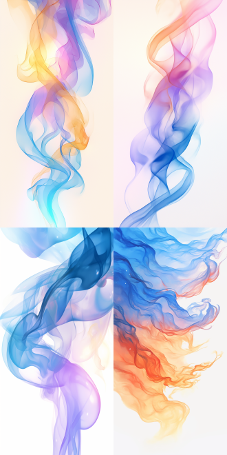 彩色烟雾波浪，中国风，水墨画风格，柔和渐变，山水背景，长焦镜头，逆光，慢快门，流动，宁静。