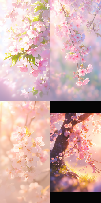 春暖花开，花园中，樱花盛开，柔和光线，长焦镜头，浅景深，粉色与绿色，温暖，宁静。