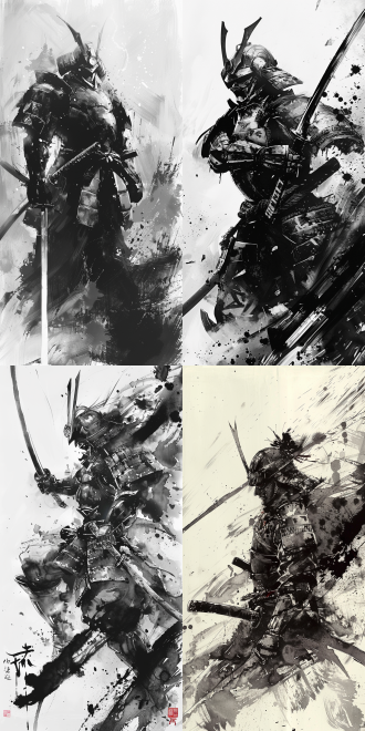 机动战士高达扎古机器人武士剑客水墨风格，eerie艺术风格，1:1专辑封面，天野喜孝，漫画与动画2010，机器人手持长剑，武士装束，面部表情冷峻，水墨渲染背景，神秘氛围，高对比度，黑白调，广角镜头，侧光，动态姿态，战斗场景，紧张情绪。