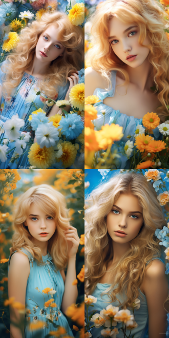 金黄色头发淡蓝色眼睛圆脸穿蓝色小裙子可爱风站在花海中插画风，柔和光线，鲜艳色彩，花海背景，广角镜头，正面光，微笑表情，梦幻氛围，温暖色调，童真情感。