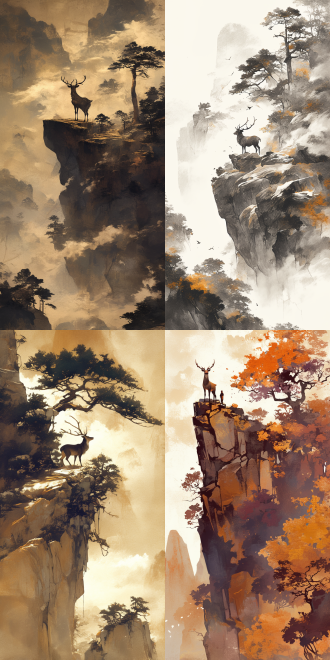 鹿呼唤天空，悬崖上，金黄色深棕色，国画山水，剧中构图，水墨画，史诗水墨，中国传统元素，广角镜头，高对比度，侧光，宁静，宏伟。