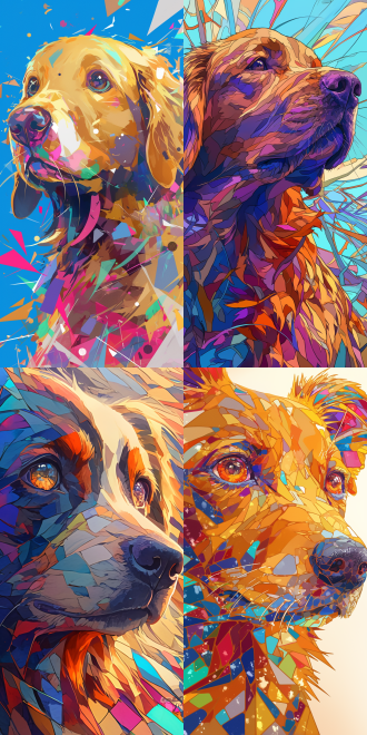 彩色狗，马赛克风格，抽象背景，变焦镜头，丰富色彩，抽象构图，奇幻氛围，梦幻情感。