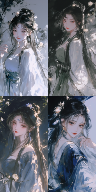 古代女子16岁，绿色衣服，昙花，微笑面对镜头，水墨画，长发披散，柔和光线，长曝光，传统绘画风格，温馨氛围，远景，全身照，自然光，慢快门，汉服细节，古典美，细腻表情，静谧环境。