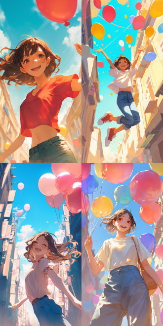 女孩搞怪表情，短袖牛仔裤，手拿气球，街头背景，明亮色彩，自然光，中景，微笑，俏皮，动感，广角镜头，逆光，快速快门，活泼，鲜艳，欢乐。