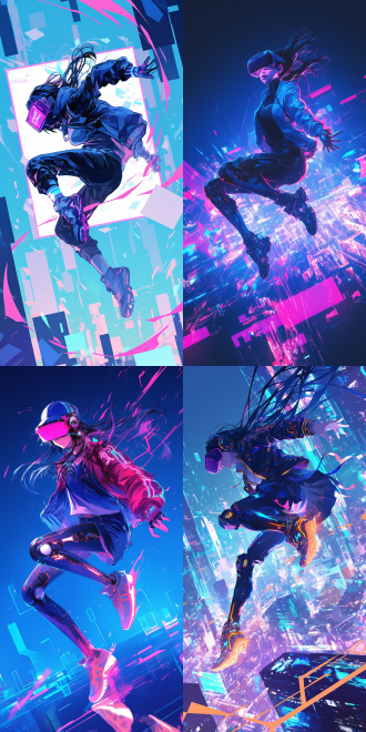 机械风格，头戴vr眼镜，跳跃姿态，女士全身像，酷炫穿衣风格，未来都市背景，冷色调，高速快门，动态模糊，金属质感，霓虹灯光，科技感，兴奋。