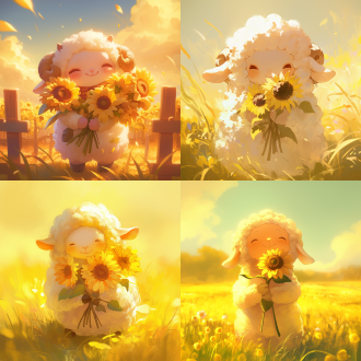 小羊手持向日葵，微笑表情，田园风光，柔和光线，自然环境，中焦镜头，浅景深，温馨氛围，淡黄色调，愉悦情感。